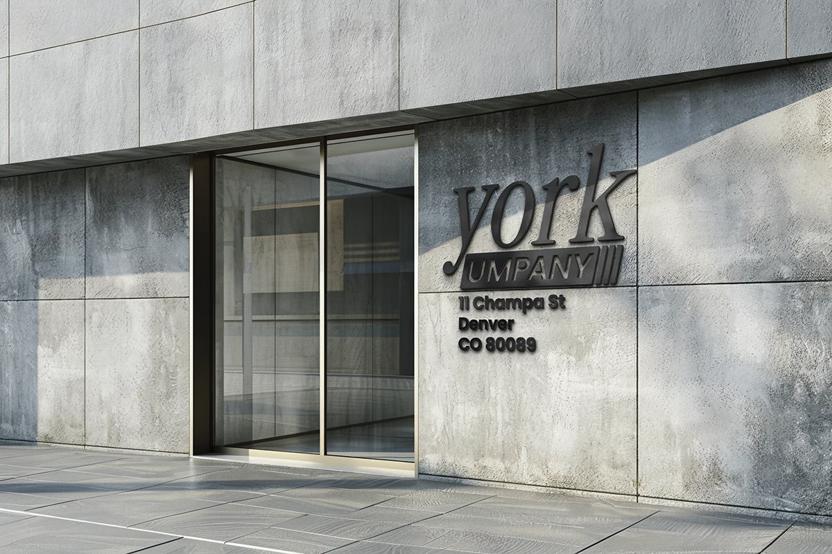 A photo of the front of a faux business sign "York Umpany" on a downtown city industrial style concrete building wall.